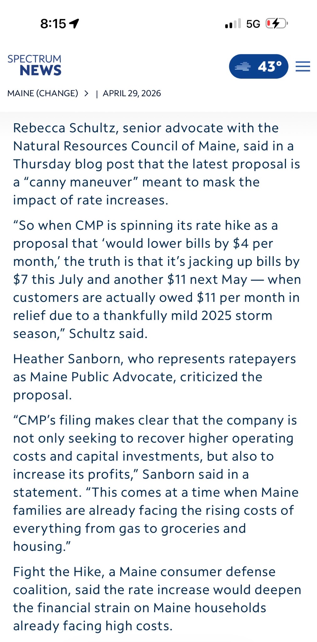 Spectrum News article quoting criticism of CMP rate proposal.