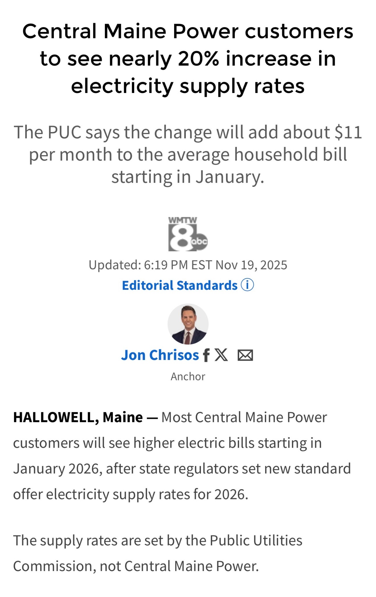 WMTW headline about CMP customers seeing nearly 20 percent increase in electricity supply rates.