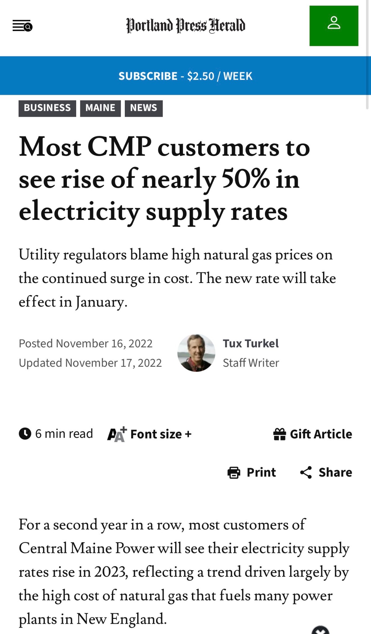 Portland Press Herald headline about CMP customers seeing nearly 50 percent rise in supply rates.