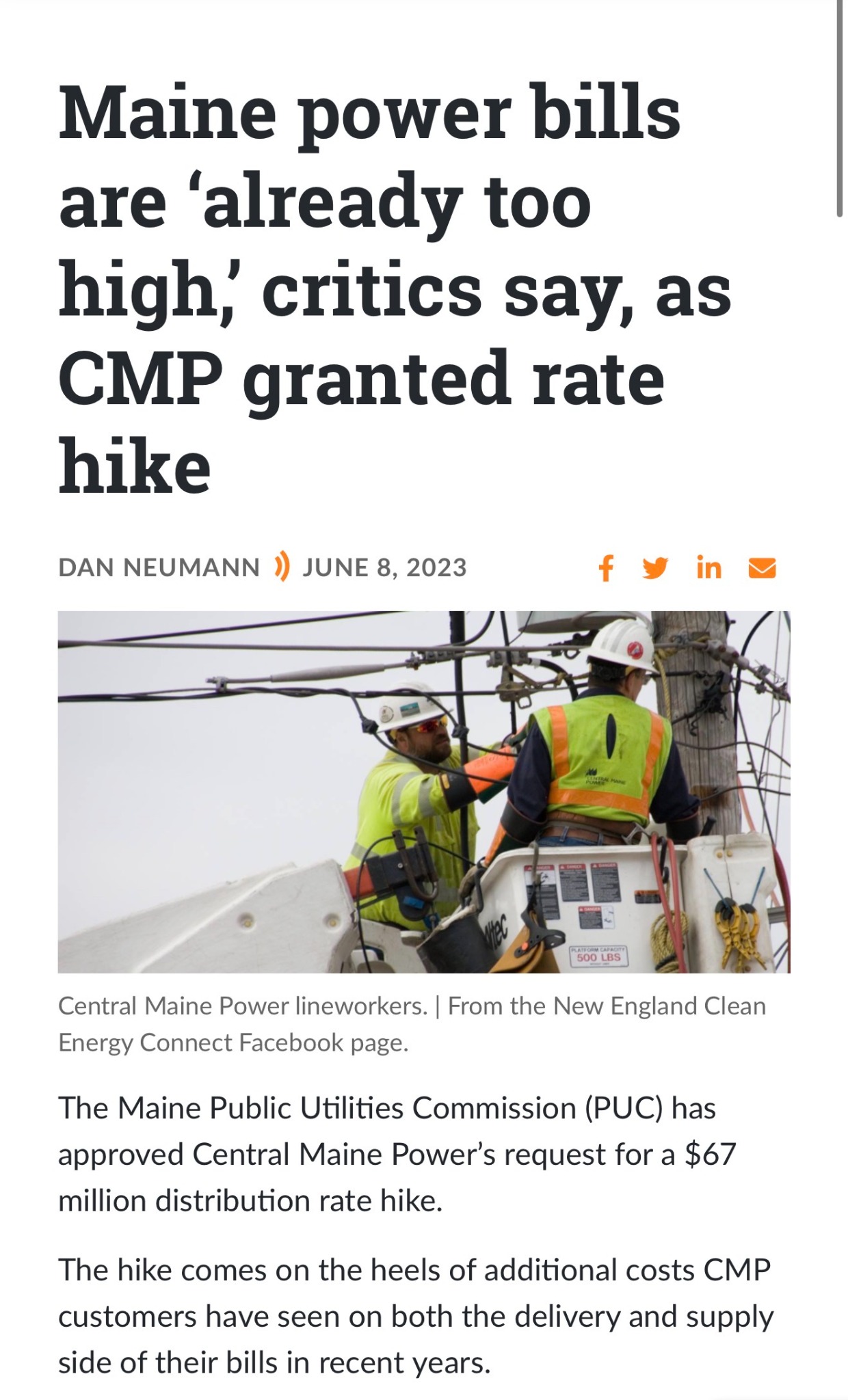 Maine Beacon headline saying Maine power bills are already too high as CMP rate hike is granted.