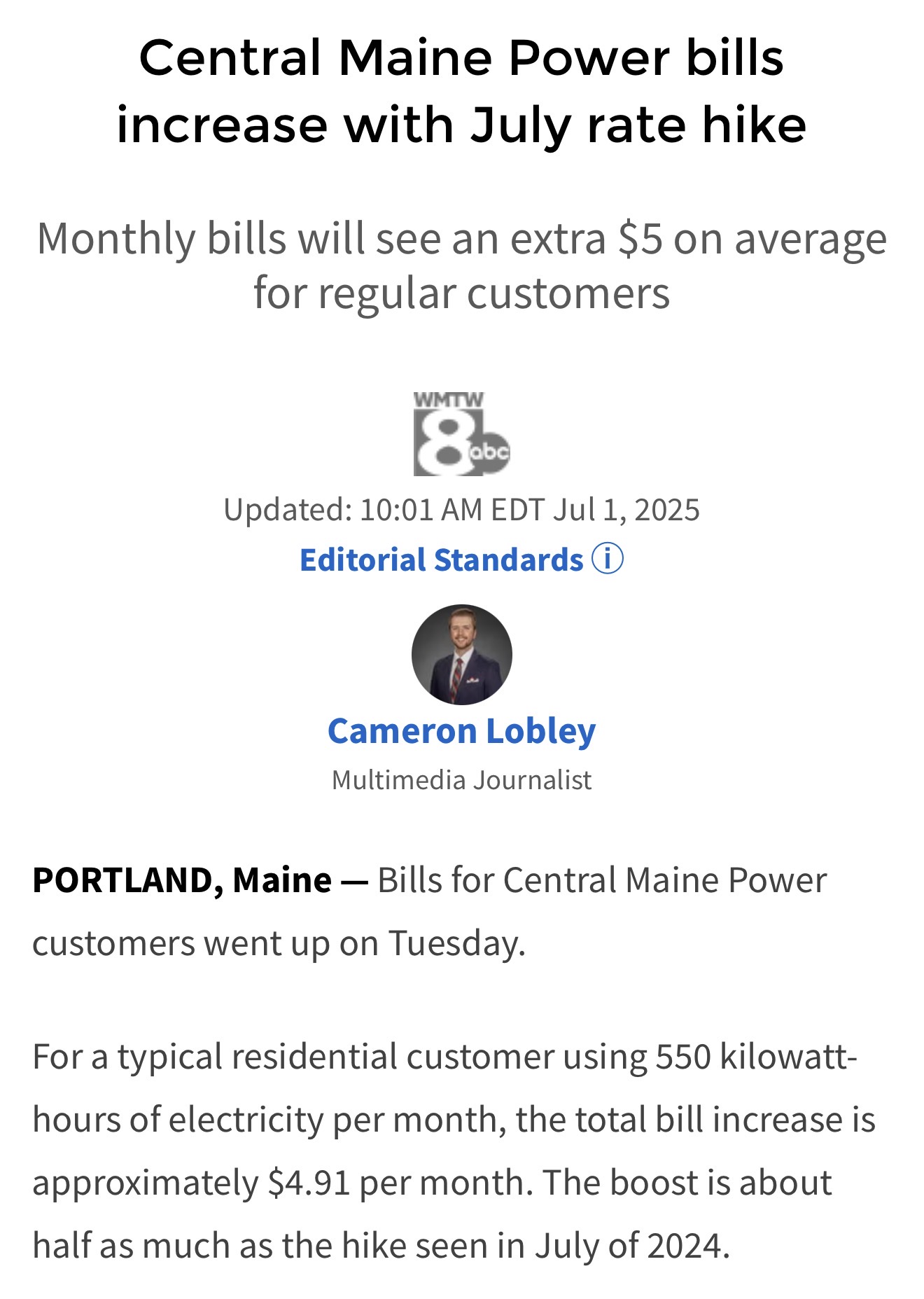 WMTW headline about CMP bills increasing with July rate hike.
