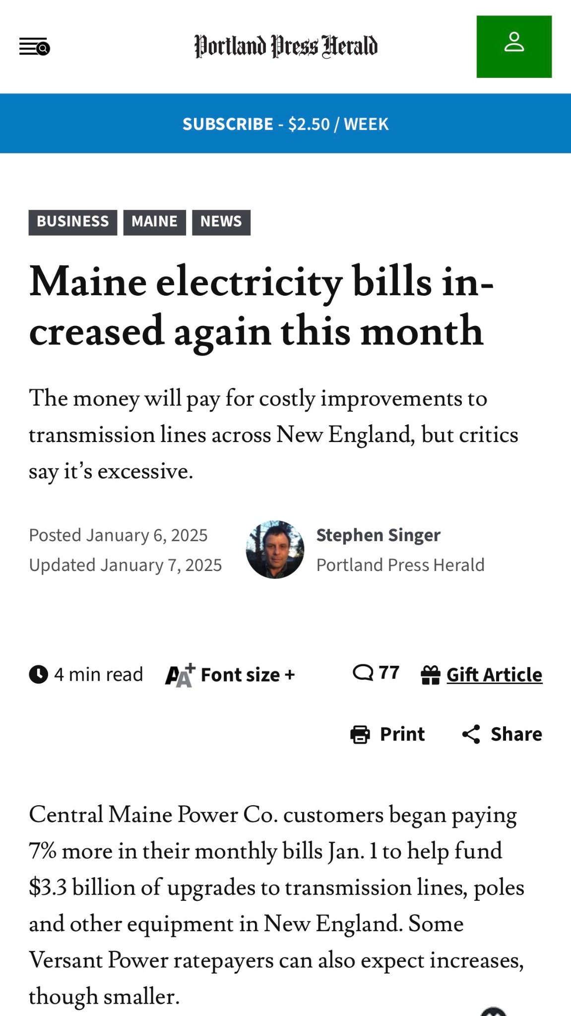 Maine Morning Star headline about Governor Mills opposing CMP plan that could raise annual costs.